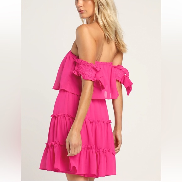Lulus | Off Shoulder Tiered Ruffle Babydoll Mini Dress Hot‎ Pink Bow Tie Sleeves - Picture 4 of 12
